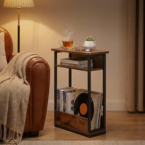 Narrow Side Table,3-Tier Slim End Table with Storage Shelf,Modern Sofa Table Thin Side Table for Narrow and Small Spaces, Skinny Bedside Table Small Nightstand with Magazine Rack Space Saving/Brown - color: Rustci Brown