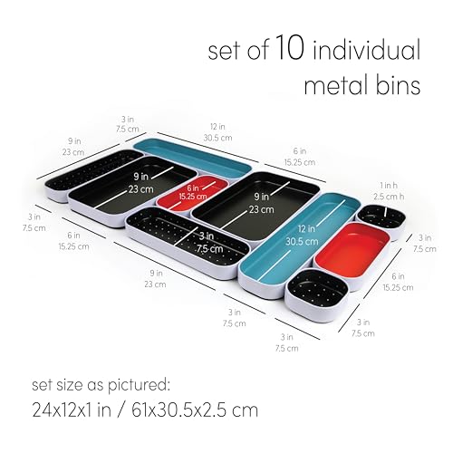 Three by Three Seattle 10 Piece Metal Organizer Tray Set for Storing Makeup, Stationery, Utensils, and More in Office Desk, Kitchen and Bathroom Drawers (1 Inch, Blue Black Red and Dots) - color: Blue, Black, Red, Dots, size: 10 Piece