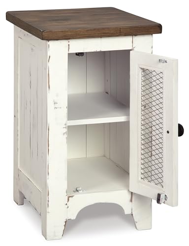 Signature Design by Ashley Wystfield Farmhouse Chair Side End Table with Cabinet Door for Storage, White & Brown with Distressed Finish - color: Dark Brown & White