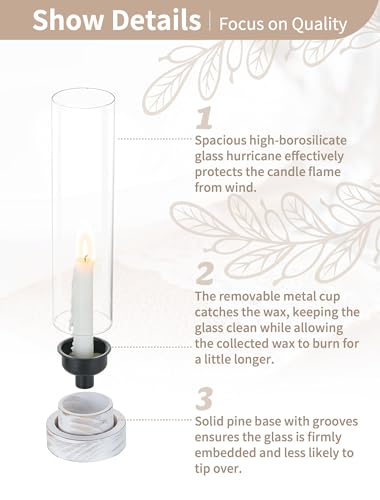 NUPTIO Dripless Candlestick Holders with Wax Catchers for Easy Cleaning: Set of 2 Hurricane Glass Candle Holders with Metal Bobeches - White Wood Farmhouse Home Decor for Wedding Table Centerpiece - color: Rustic White