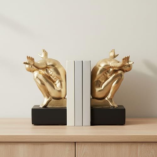 Resin Book Ends Decorative Bookends – Book Holder for Shelf Decor and Office Decor, Office Shelf Decor and Book Lovers Gifts, Art-Inspired Sculpture Home Decor Accent – 11", Gold & Black