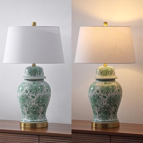 JONATHAN Y 29.5" Green/White Ceramic Table Lamp for Living Room and Office, White Linen Drum Shade, Traditional Chinoiserie Ginger Jar Lamp, LED Bulb Included (JYL3008D) - color: Green/White