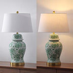 JONATHAN Y 29.5" Green/White Ceramic Table Lamp for Living Room and Office, White Linen Drum Shade, Traditional Chinoiserie Ginger Jar Lamp, LED Bulb Included (JYL3008D) - color: Green/White