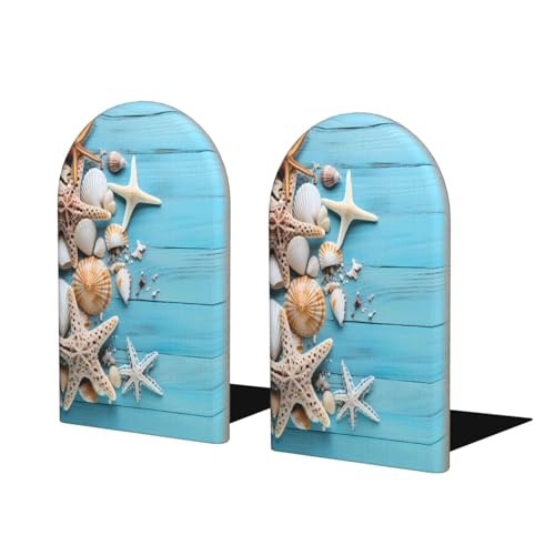 Seashells Summer Starfish L-Shaped Book Ends 1 Pair Wood Bookends Book End Supports for Heavy Book Shelf Holder Home Decorative - color: Seashells Summer Starfish