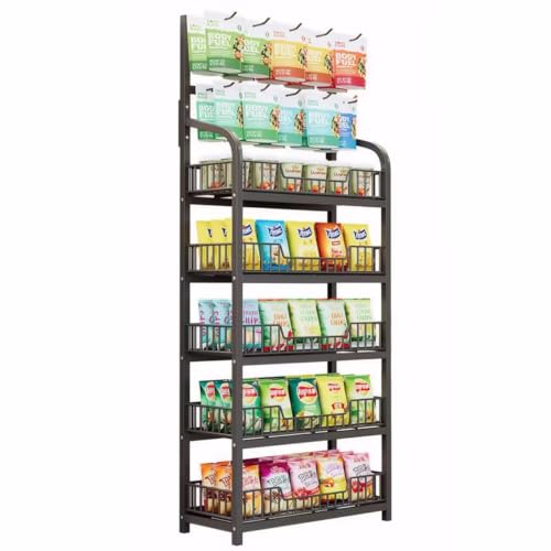Retail Display Rack Stand, Snack Display Rack with Hooks, Metal Wire Storage Shelf, Snack Candy Display Organizer for Stores Kitchen Office(5-Tier 27.6x10.6x65.3 in)