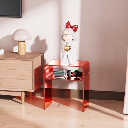 Clear Acrylic End Table 2-Tier Bedside Nightstand for Living Room Bedroom (1, Red) - color: Red
