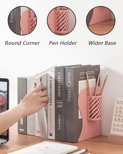 Kingsmile Book Ends, Adjustable Bookends for Shelves, Metal Bookends for Heavy Books, Book Stopper Organzier with Pen Holder for Desk, Kids Room, Office, Classroom, Library, Study Room.(Pink) - color: Pink