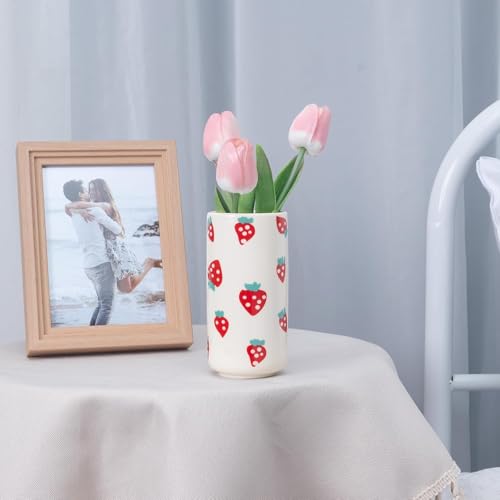 MOUGIGI Strawberry Ceramic Vase-Unique Aesthetic Design for Funky Flower Decor-Perfect Summer Fruit Theme Table Centerpiece-Ideal Gift for Parties and Special Occasions-Stylish Durable Home Decoration - color: Strawberry Vase