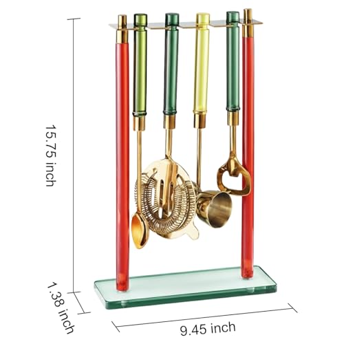 5-Piece Gold Bartender Kit with Stand. Stainless Steel Bar Tool Set, Colorful Handles. Includes Jigger, Strainer, Spoon, Bottle Opener Luxury Home Bar Cart Accessories, Cocktail Decor & Mixer Gift Set - color: Mixed Color