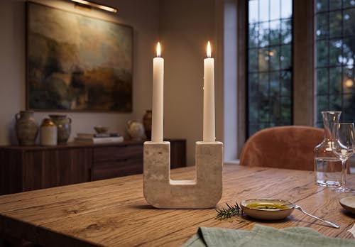 Spiretro Elegant U-Shape Marble Candle Holder for Taper Candles – Real Marble with Grayish-White and Brown Veining, Soft Pads for Surface Protection – 5.5” W x 4.5” H x 1.75” D