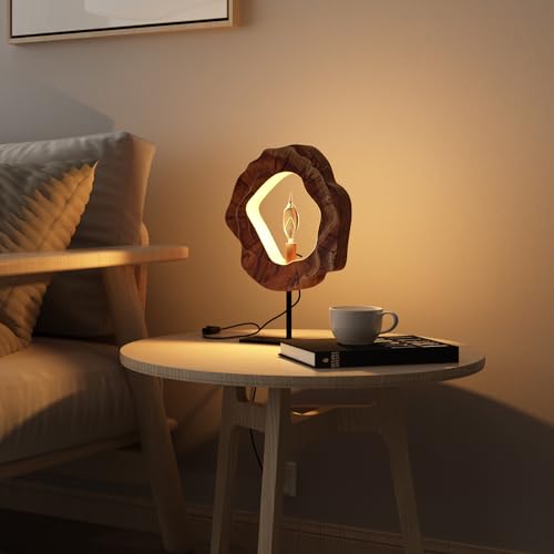 LAPTAIN Wood Table Lamp, Irregular Jujube Tree Wooden Bedside Lamp, Creative Home Decor Table Lamp, Bedside Night Light for Bedroom, Living Room, E12, ON-Off Button, Iron Base - size: Small