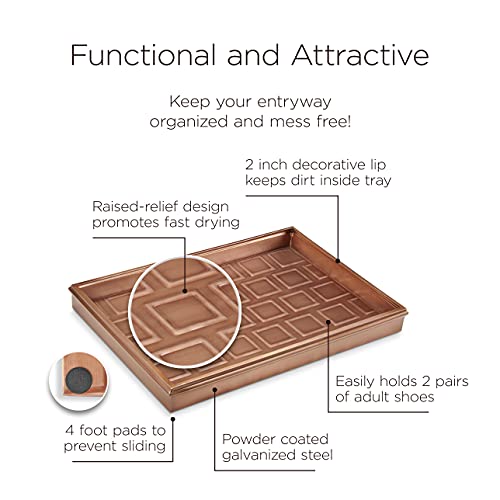Good Directions 20″ x 14″ Decorative Squares Design Metal Boot Tray – Galvanized Steel with Copper Finish, Multi-Purpose Shoe, Plant & Pet Bowl Tray - color: Copper, style: Squares
