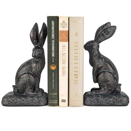 Rabbit Bookends, Decorative Bunny Book Ends for Shelves, Unique Rabbit Figurine Bookends, Heavy Resin Book Holder for Bookshelf Home Office Nursery Decor (Dark Bronze) - color: Dark Bronze