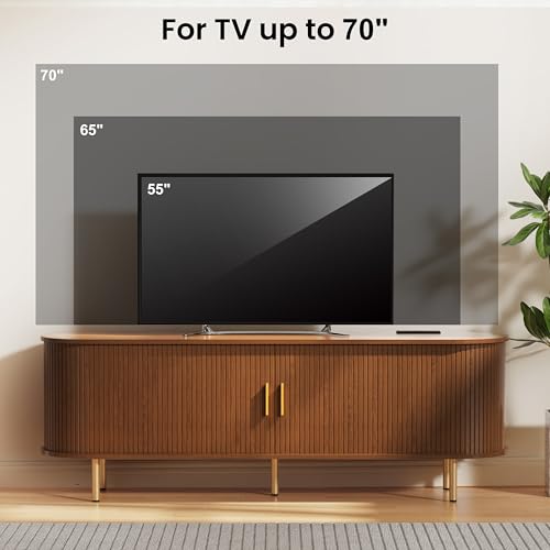 DHH 63 Inch Mid Century Modern TV Stand with Power Outlet for TVs up to 70 Inch, Entertainment Center with Storage and Adjustable Shelves, Media Console with Sliding Doors for Living Room(Walnut) - color: Walnut, size: 63 Inch