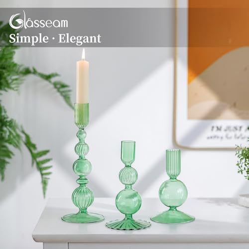 Glasseam Green Glass Candle Holder: Set of 3 Candle Stick Holders for Taper Candlesticks Modern Candle Holders for Candlesticks Unique Tapered Candlestick Holders for Table Centerpiece Home Decor Gift - color: Green