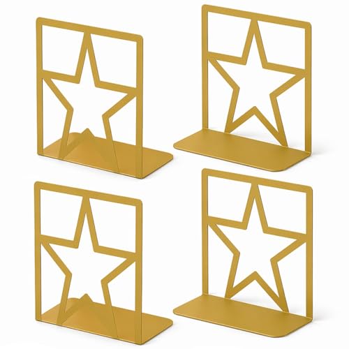 GEOMOD Gold Star Metal Bookends Heavy Duty for Desk & Shelves, Non-Slip Metal Bookends for Bookshelf End Holders, Modern Decorative Book Ends Gold, Book Holder for Office, Study & Home Library 2 Pairs - color: Gold, size: 2 Pairs, style: Star