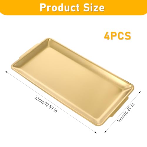 4 Pcs 304 Stainless Steel Food Serving Tray Gold, 12.6×6.3×0.6 Inch Thickened Chassis Rectangular Large Stainless Steel Serving Platter for BBQ Party Buffet Picnic Appetizer