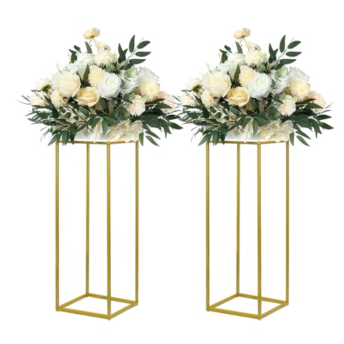 YALLOVE 2 Pack 23.75 Inch Gold Wedding Flower Stand Metal Vase Column Stand Geometric Centerpiece Vase for Home Party Wedding Decorations, Rectangular Flower Display Rack - size: 23.75 Inch