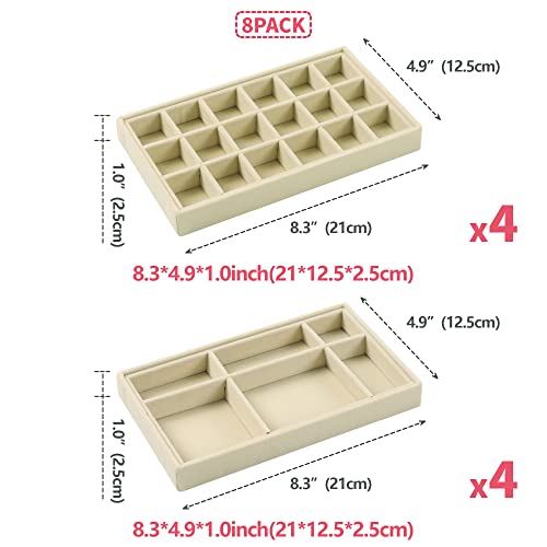 DIOMMELL Set of 8 Stackable Velvet Jewelry Trays Organizer, Jewelry Storage Box Display Trays Showcase Holder Closet Dresser Drawer Organizer for Earring Necklace Bracelet Ring Accessary, Beige