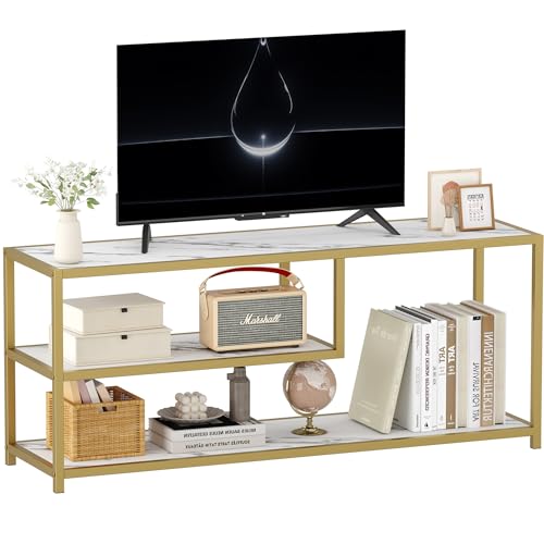 Function Home TV Stand for TVs up to 55 Inch, 3 Tier Entertainment Center, Media Console with Open Storage Shelves for Living Room Bedroom, 47” Modern TV Table with Faux Marble Top Gold Metal Leg - color: 47" Gold