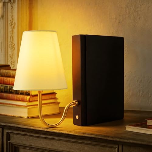 AELS Wooden Bookshelf Lamp with Bulb, Cordless Touch Dimmable Table Lamp with Linen Fabric Shade, Battery Operated, Modern Decorative Bookend, Book Sconce for Office Home Bedroom Bookshelf, Black - color: Black, size: Rechargeable Model