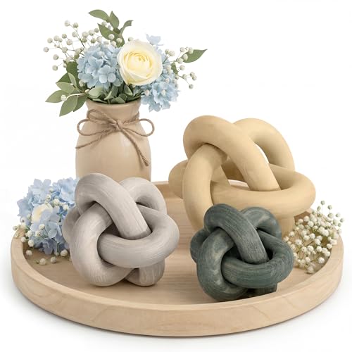 3 Pack Wooden Knot Decorations 3 Color Set Coordinated Boho Nautical Home Decor for Shelf, Wall, Tabletop, Sizes 3.94", 4.72", 5.91"(Multi Light Color) - color: Multi Light Color
