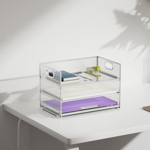 Marbrasse 3 Tier Paper Organizer Letter Tray, Mesh File Organizer with Handle, Paper Sorter Desk Organizer for Home Office Supplies - Silver - color: Silver