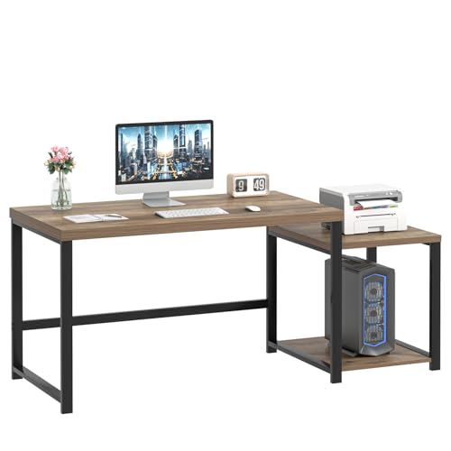 FOLUBAN 63 Inch Large Computer Desk with Printer Space & PC Tower Stand, Modern Wood Home Office Desk Workstation with Storage Shelves, Writing Study Gaming Table, Rustic Oak - color: Oak