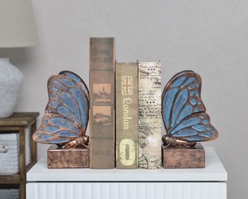 Vintage Blue Butterfly Bookends,Resin Book Ends for Shelves,Heavy Duty Decorative Bookends,Creative Book Stopper Holder Decor for Desk Home Office,Shelf Decoration,Gifts for Mother's Day - color: Blue Bronze