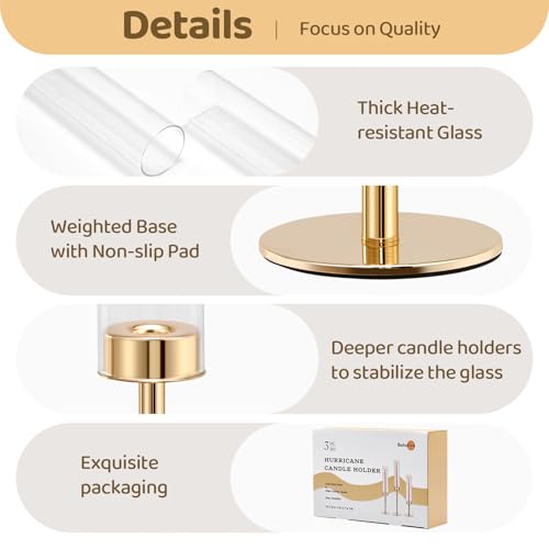 Gold Hurricane Candle Holders Set of 3, Tall Metal & Windproof Glass Taper Candle Holders, Brass Candlesticks Holder Decorations, Table Centerpieces for Weddings, Christmas, Parties, Fireplace Decor - color: Gold