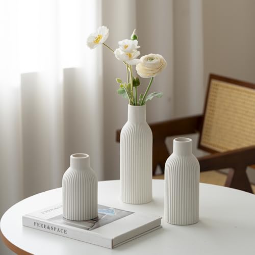 Modern Ceramic Vases Set of 3, White Ribbed Decorative Vases, Shelf Table Centerpiece for Home Decor, Birthday Gifts for Women, Mom, Grandma Decorative (White) - color: White