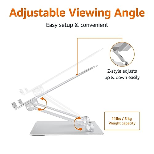 Amazon Basics Sturdy and Portable Ergonomic Laptop Stand for Desk, Height Adjustable Riser with Ventilated Cooling, Foldable, Fits all Laptops up to 15.6 Inch, Silver