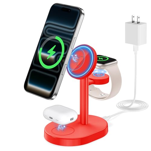 Hevanto 2026 3 in 1 Wireless Charging Station for Apple MagSafe Charger, 15W Fast Magnetic Mag-Safe Charger Stand for iPhone 17 16 15 14 13 12 Apple Watch AirPods Compatible with MagSafe, DeepRed - color: DeepRed