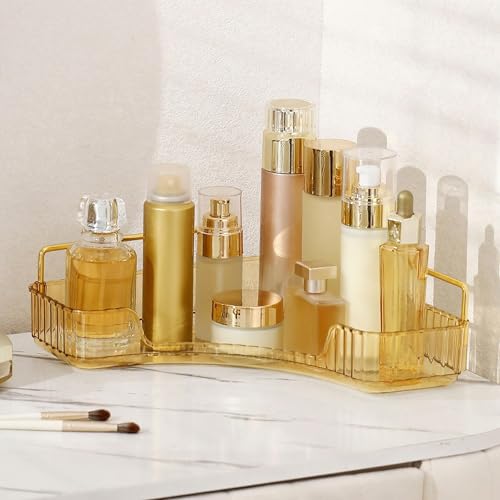YCIA&DONE Corner Bathroom Counter Organizer, Makeup Organizer for Vanity, Skincare Cosmetic Perfume Tray, Corner Countertop Shelf Rack Storage for Bathroom Kitchen 1 Tier (Amber Gold) - color: Yellow, size: 1-Tier