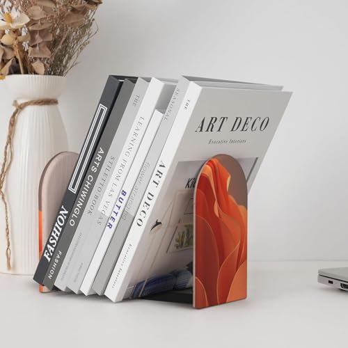 Deep Orange Abstract Waves Gold Foil Luxury Bookends for Shelves 2 Pcs Wooden Book Stopper Organizer for Home Office Libraries