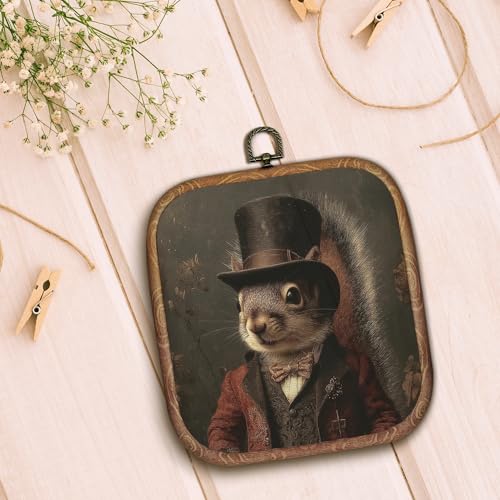 Hxlac Victorian Squirrel Rectangular Wall Art Framed, Vintage Victorian Style Animal Rectangular Wall Decor, Autumn Squirrel Hanging Canvas Prints Wall Sculptures for Farmhouse Home Room Decor, 5.7×6.5 Inch - color: squirrel rectangular