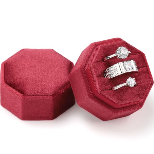 WantGor Velvet Ring Box, 3 Slots Jewelry Ring Gift Box Vintage Ring Display Holder Case for Wedding Ceremony Proposal Engagement (Burgundy) - color: Burgundy