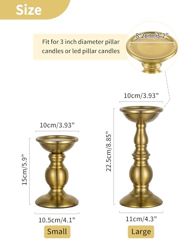 NUPTIO Gold Candle Holder for Table: Tall Brass Candleholder Decorative for Pillar Candles - Metal Vintage Stand for Christmas New Year Fireplace Table Centerpiece Set of 2 (S+L) - color: Brass, size: S + L