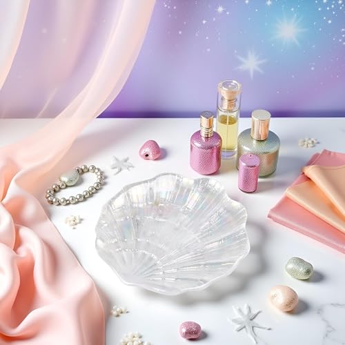 Glitter Glass Jewelry Dish Tray Sparkle Iridescent Seashell Shell Soap Dish Jewelry Organizer for Women Girls Jewelry Trays Jewelry Boxes and Organizers