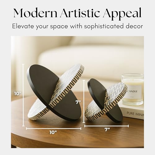 Set of 2 Gobiel Resin Orbs – Wood & Resin Decorative Object with Interlocking Geometric Design – Modern Home Decor for Office, Bedroom & Living Room – 7" & 10", Black & White
