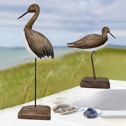 Wood Bird Statue Nautical Decor Decorative Sea Birds Sculpture Wooden Tabletop Figurine Coastal Ocean Beach Themed Decoration for Home Yard Bathroom Living Room (6.7" + 12.4" H) - color: 6.7" + 12.4" H