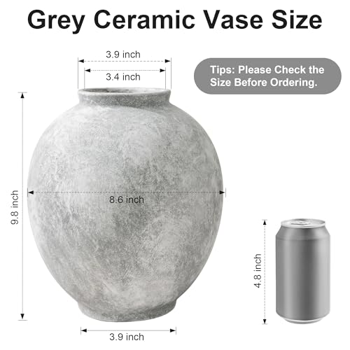 Starttag Large Ceramic Vase, 9.8 inch Rustic Farmhouse Flowers Vase for Home Decor, Sandstone Texture Round Pottery Tall Vase Indoor for Table Living Room Decor, Grey - color: Gray