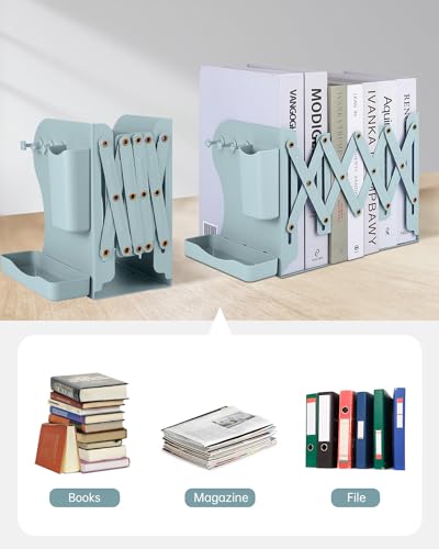 Honagu Adjustable Bookends, Metal Book Ends for Shelves Heavy Book, Bookend for Home, Office, Books, Papers, Book Stopper with Removable Hook, Pen Holder, Gifts for Students, Teachers（Green） - color: Green