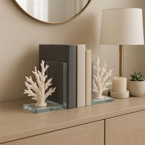 Decorative Coral on Glass Bookends - Coastal Inspired Book Ends for Bookshelf Decor or Book Accessories - Modern Office Desk Accent, Home Library, or Entryway Home Decor - Set of 2, 7.25", White