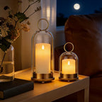 Brass Glass Candle Holders Set of 2 (5"x11" & 4.5"x7.6"), Metal Candle Holder with Glass Dome, Hanging or Tabletop Lantern Decor for Home, Centerpiece