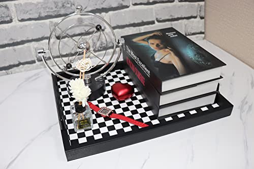 MCBZ Living Room Coffee Table Decorative Tray, Food Service Tray, Leather Ottoman Tray,with Metal Handles 16.5 x 12.6 in (Black and White Grid) - color: Black/White Checkerboard