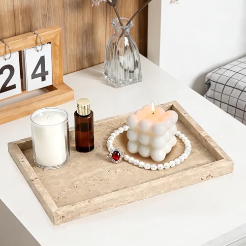 Natural Marble Tray, Stone Tray for Bedroom/Bathroom/Kitchen/Vanity Countertop, Jewelry Tray for Rings Earrings Necklace Bracelet Watch, Room Decor Aesthetic - color: Beige Travertine, size: 11.8" x 7.9" x 1.2"