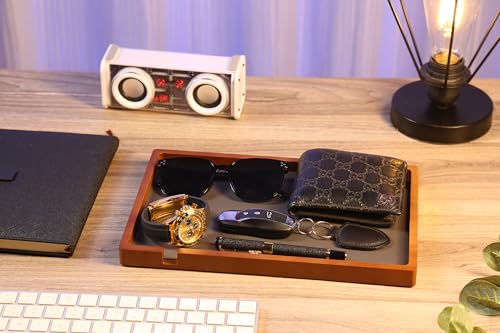 Shinpuru Wooden Valet Tray for Men, Nightstand Organizer with Leather Inlay, EDC Essentials Catchall Tray for Keys, Phone, Wallet, Watch, Earbuds - Bedside Desk Entryway Tray (Wood-Full) - color: Brown-F