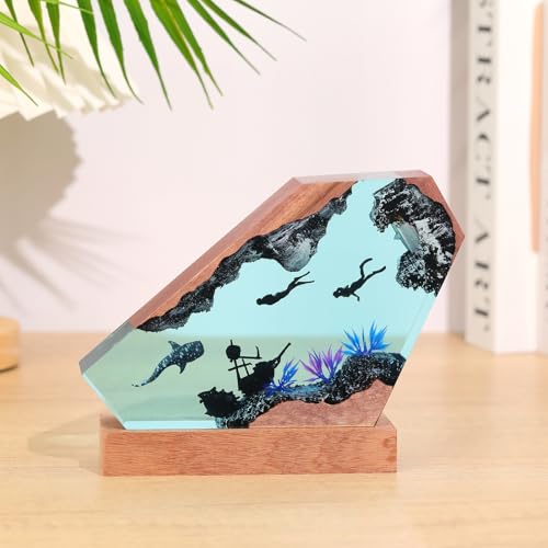 Ocean Creative Epoxy Resin Wood Light Lamp, Handmade Multi Color Aquatic Ocean Lamp Deep Sea Diver Cave Diving Enthusiasts Led Night Light Desktop Decor Christmas Birthday Gift (Couple Diver, S) - color: Couple Diver
