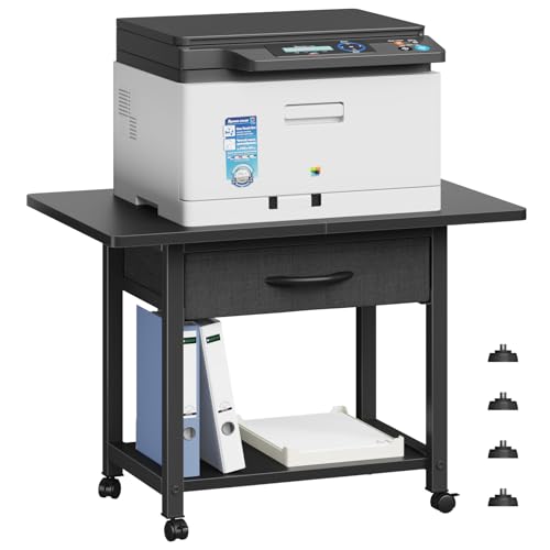 YAOHUOO 22"x15" Large Printer Stand with Storage Drawer, 2-Tier Under Desk Printer Table for Home Office, Printer Cart fit Fax Machine/3D Printer/Scanner(Black) - color: Black, size: 2-Tier